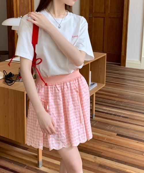 Teem Store(チームストア)の「【春夏新作】ギンガムチェックミニフレアスカート(スカート・レディース・ピンク/グリーン・F)」の6枚目の写真