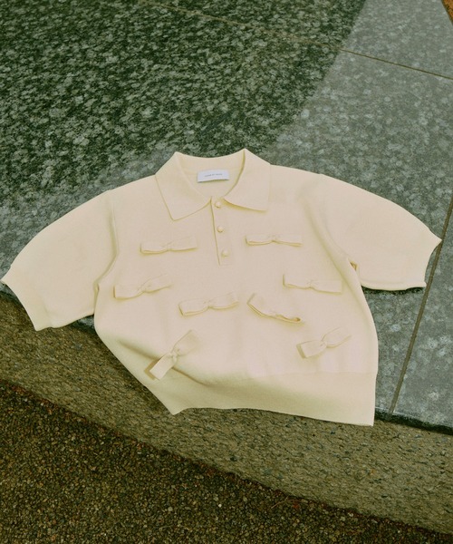 ADAM ET ROPE FEMME リボンポロニット 半袖 ADAM ET ROPE' ポロシャツ ポロ リボンポロニット レディース