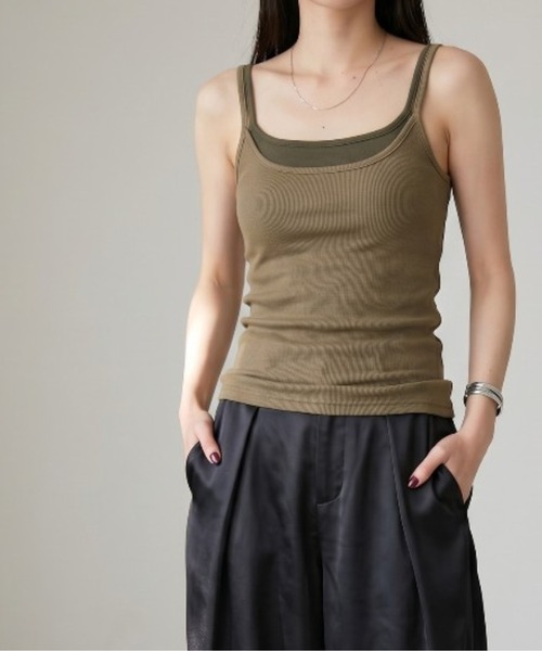 Per sist ence(パーシエンス)の「レイヤード風配色カップ付きキャミ(Tシャツ/カットソー・レディース・モカ/チャコールグレー/ブルー・ONE SIZE)」の3枚目の写真