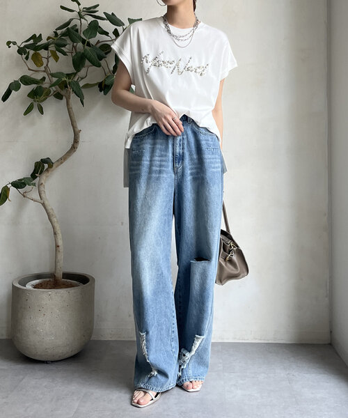 DouDou（ドゥドゥ）の「【WEB限定】ビジューロゴTEE（Tシャツ/カットソー・レディース・オフホワイト/グレー/ブラック・FREE）」の7枚目の写真