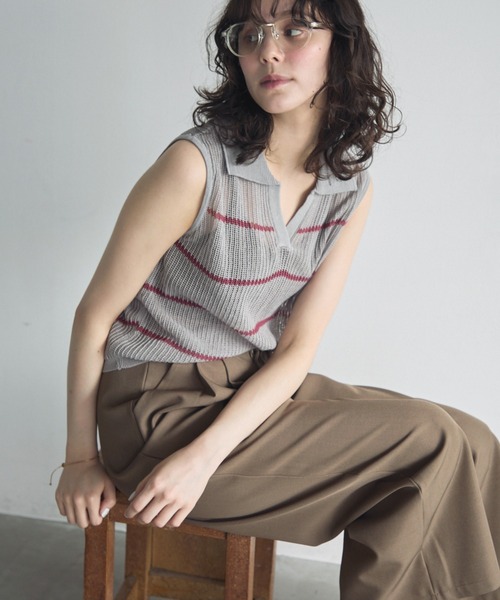 full/fill.(フルフィル)の「ボーダーシアーポロニット(ポロシャツ・レディース・ブラック/グレー・FREE)」の19枚目の写真