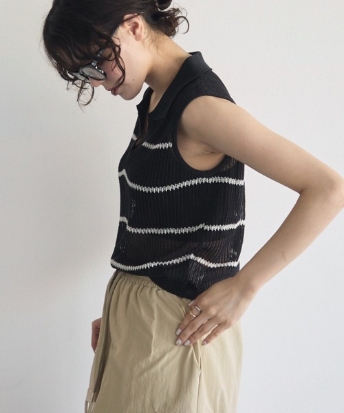 full/fill.(フルフィル)の「ボーダーシアーポロニット(ポロシャツ・レディース・ブラック/グレー・FREE)」の13枚目の写真