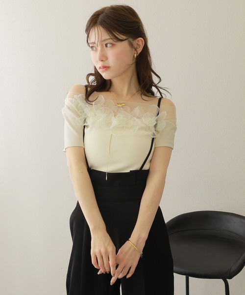 LEONARD フラワートリム 半袖トップス レオナール✨カットソー トップス 花 トリム 蘭 半袖 ボート