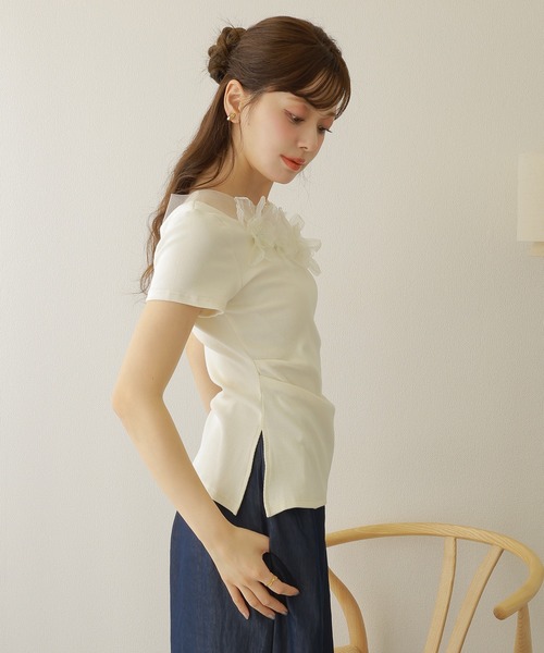 flower motif sheer tops /異素材 フラワー モチーフ 半袖