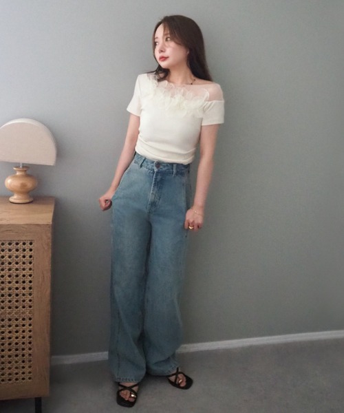 LAULEN（ローレン）の「flower motif sheer tops /異素材 フラワー モチーフ  半袖 トップス（Tシャツ/カットソー・レディース・アイボリー・FREE）」の11枚目の写真