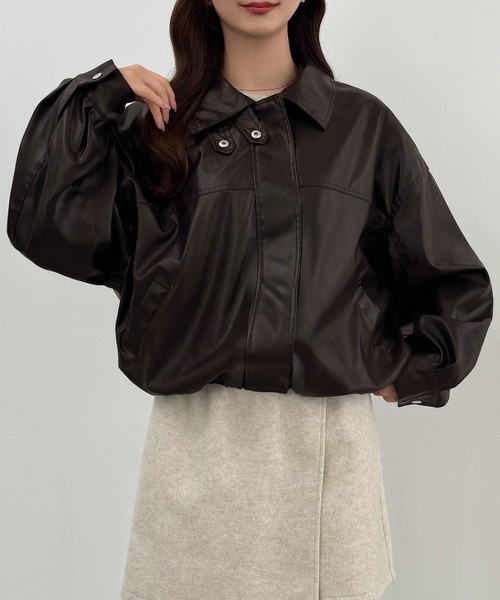 薄手2wayカラーPUレザーブルゾン（光沢素材）（ブルゾン