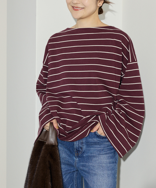 SLOBE IENA（スローブイエナ）の「《追加》ビックボーダープルオーバー（Tシャツ/カットソー・レディース・サックスブルー/ブラウン/ボルドー・FREE）」の3枚目の写真