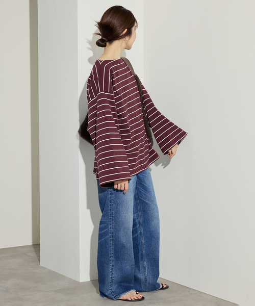 SLOBE IENA（スローブイエナ）の「《追加》ビックボーダープルオーバー（Tシャツ/カットソー・レディース・サックスブルー/ブラウン/ボルドー・FREE）」の4枚目の写真