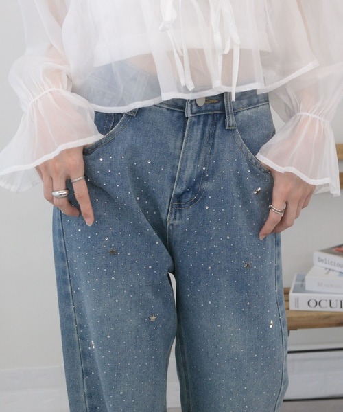pumpkin port（パンプキンポート）の「ジルコン+星スタッズのデニムロングパンツ（デニムパンツ・レディース・ブルー・S/M/L）」の2枚目の写真