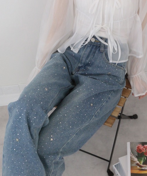 pumpkin port（パンプキンポート）の「ジルコン+星スタッズのデニムロングパンツ（デニムパンツ・レディース・ブルー・S/M/L）」の4枚目の写真