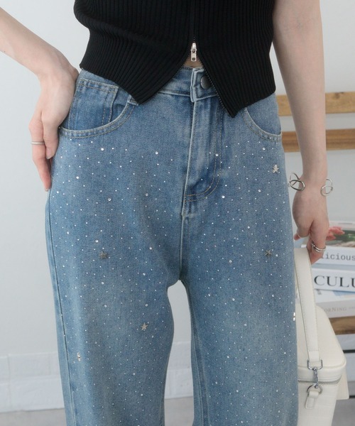 pumpkin port（パンプキンポート）の「ジルコン+星スタッズのデニムロングパンツ（デニムパンツ・レディース・ブルー・S/M/L）」の8枚目の写真