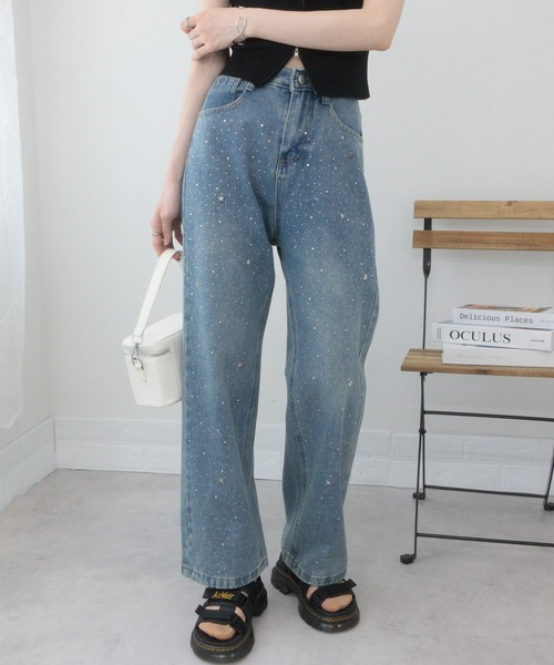 pumpkin port（パンプキンポート）の「ジルコン+星スタッズのデニムロングパンツ（デニムパンツ・レディース・ブルー・S/M/L）」の9枚目の写真