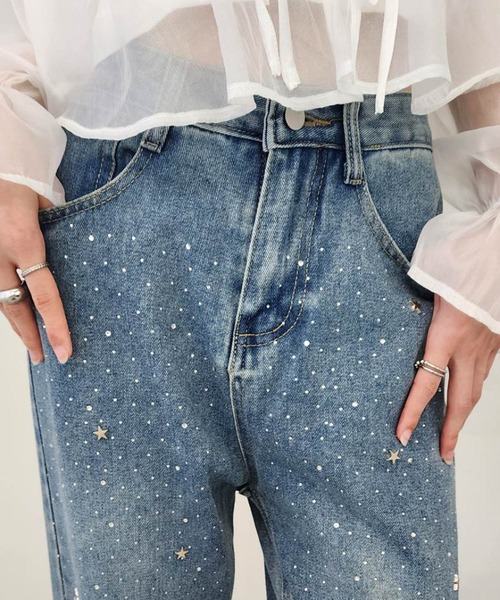 pumpkin port（パンプキンポート）の「ジルコン+星スタッズのデニムロングパンツ（デニムパンツ・レディース・ブルー・S/M/L）」の3枚目の写真