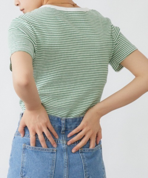 mebole(メボレ)の「ヘンリーネックボーダーリブカットソー(Tシャツ/カットソー・レディース・グリーン・FREE)」の6枚目の写真