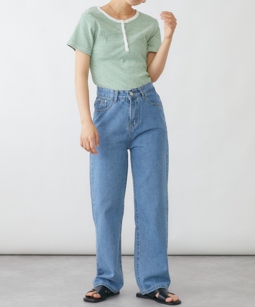 mebole(メボレ)の「ヘンリーネックボーダーリブカットソー(Tシャツ/カットソー・レディース・グリーン・FREE)」の7枚目の写真