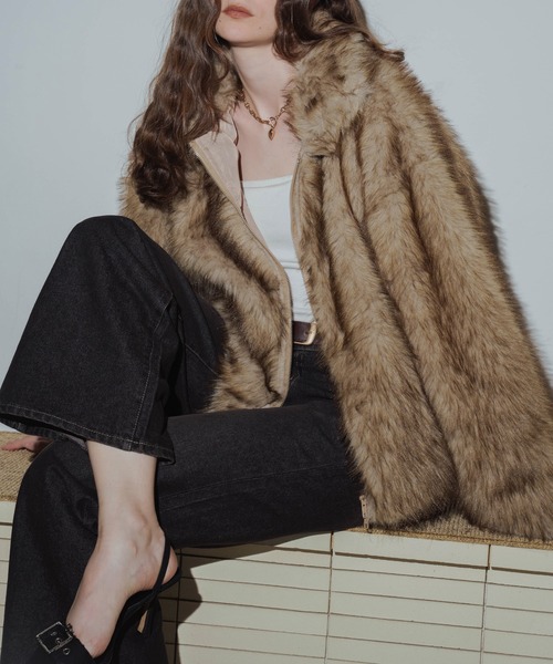 Mili affinity（ミリアフィニティー）の「フェイクファーダブルジップジャケット（ブルゾン・レディース・グレー系/ブラウン系2/ブラウン系1/ブラック/ベージュ系/ブラウン・FREE）」の9枚目の写真