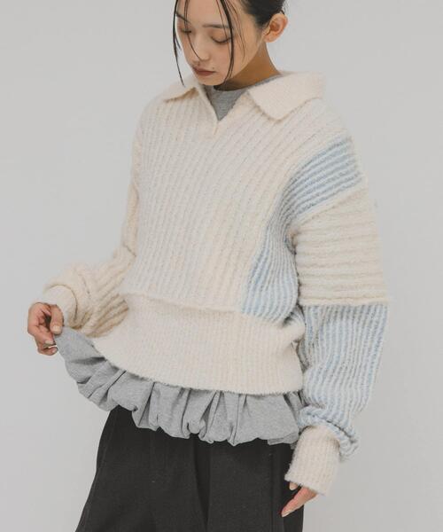 KBF（KBF）/バイカラーデザインスリーブニット セール】バイカラーデザインスリーブニット（ニット/セーター）｜KBF