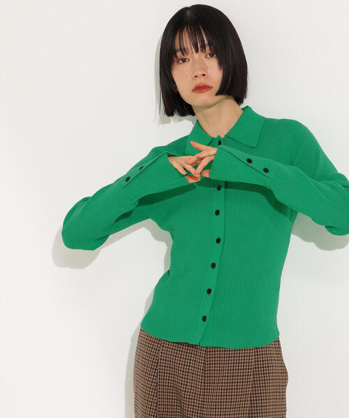 新品タグ付 パシオーネ カフネ ニット バルーン袖 グリーン Mサイズ セール】ポロ襟フレアカフスニット（ニット/セーター）｜N.（N