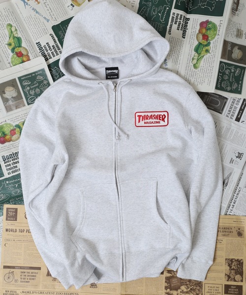 THRASHER(スラッシャー)の「THRASHER MAG LOGO SWEAT L/S HOODIE ワッペン長袖スウェットジップアップパーカー(パーカー・メンズ・グレー/ホワイト/ネイビー・M/L/XL)」の2枚目の写真