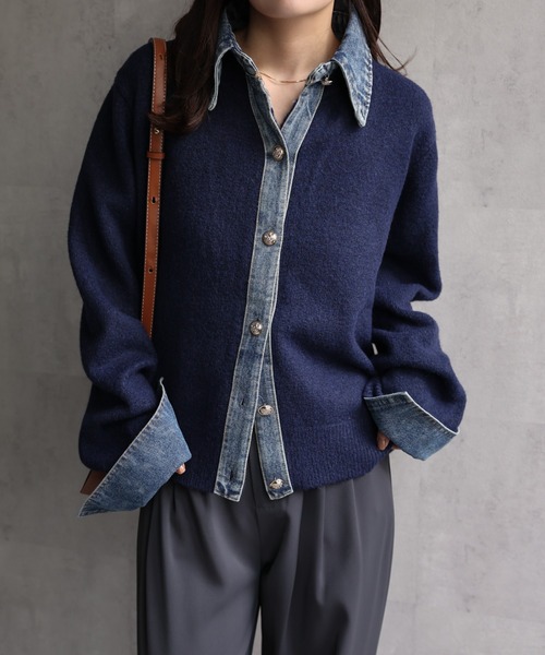 ap retro(アプレトロ)の「デニムドッキングニットカーディガン(カーディガン/ボレロ・レディース・チャコール/グレー/キャメル/ネイビー・FREE)」の3枚目の写真