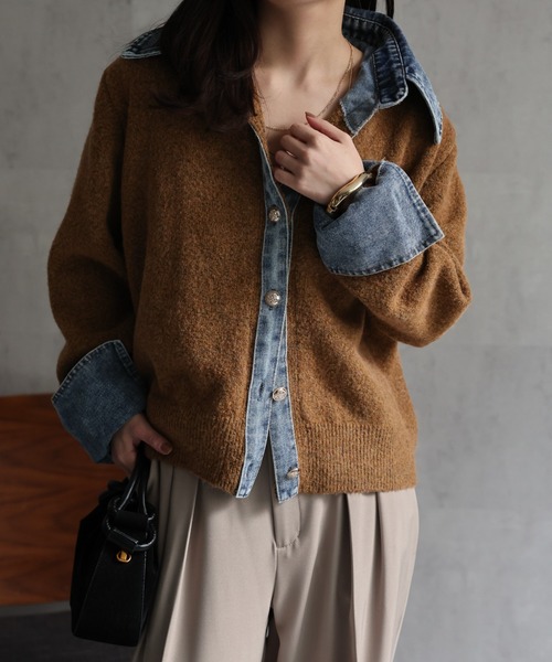 ap retro(アプレトロ)の「デニムドッキングニットカーディガン(カーディガン/ボレロ・レディース・チャコール/グレー/キャメル/ネイビー・FREE)」の4枚目の写真