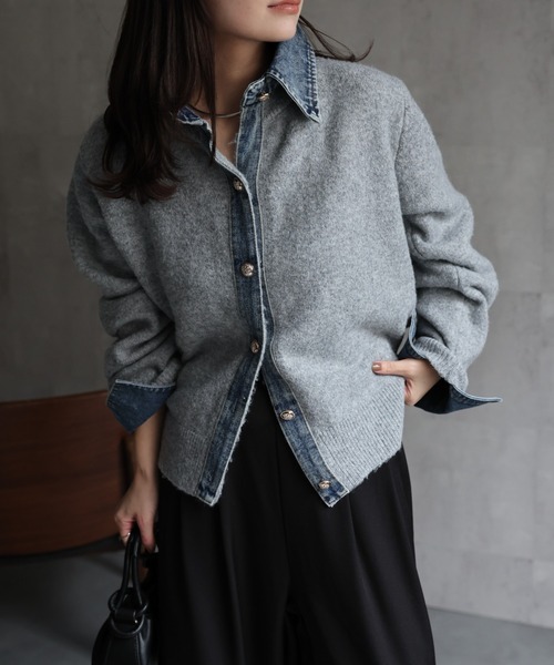 ap retro(アプレトロ)の「デニムドッキングニットカーディガン(カーディガン/ボレロ・レディース・チャコール/グレー/キャメル/ネイビー・FREE)」の2枚目の写真