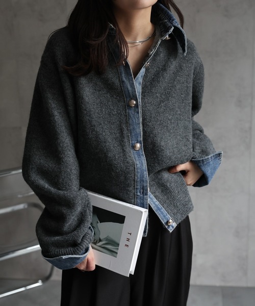 ap retro(アプレトロ)の「デニムドッキングニットカーディガン(カーディガン/ボレロ・レディース・チャコール/グレー/キャメル/ネイビー・FREE)」の1枚目の写真