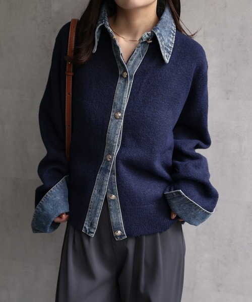 ap retro(アプレトロ)の「デニムドッキングニットカーディガン(カーディガン/ボレロ・レディース・チャコール/グレー/キャメル/ネイビー・FREE)」の12枚目の写真