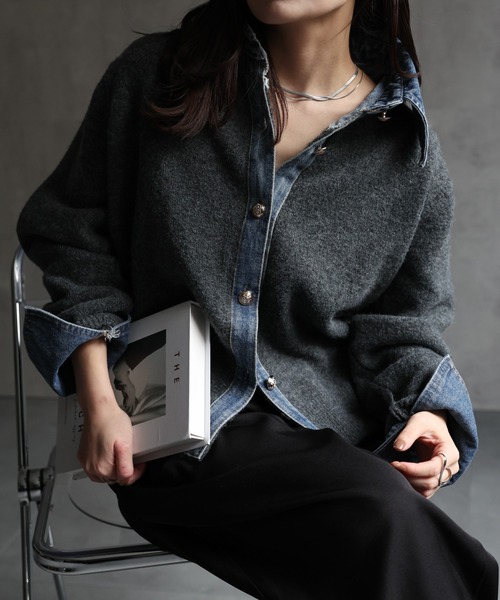 ap retro(アプレトロ)の「デニムドッキングニットカーディガン(カーディガン/ボレロ・レディース・チャコール/グレー/キャメル/ネイビー・FREE)」の5枚目の写真