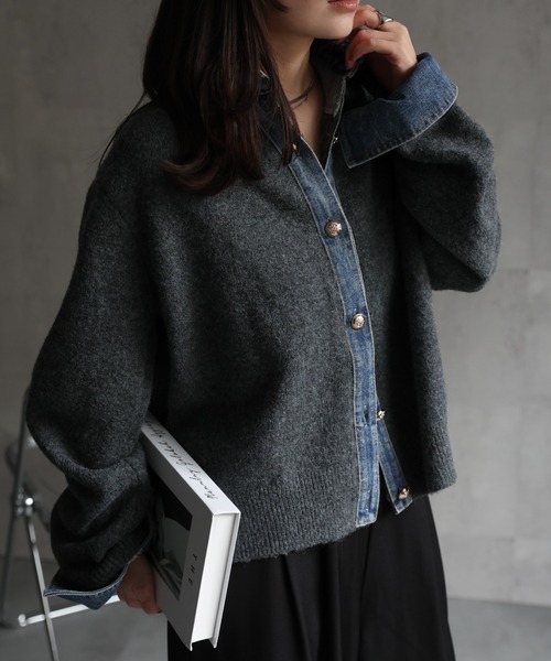 ap retro(アプレトロ)の「デニムドッキングニットカーディガン(カーディガン/ボレロ・レディース・チャコール/グレー/キャメル/ネイビー・FREE)」の9枚目の写真