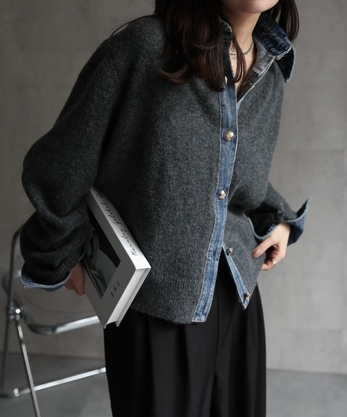 ap retro(アプレトロ)の「デニムドッキングニットカーディガン(カーディガン/ボレロ・レディース・チャコール/グレー/キャメル/ネイビー・FREE)」の8枚目の写真