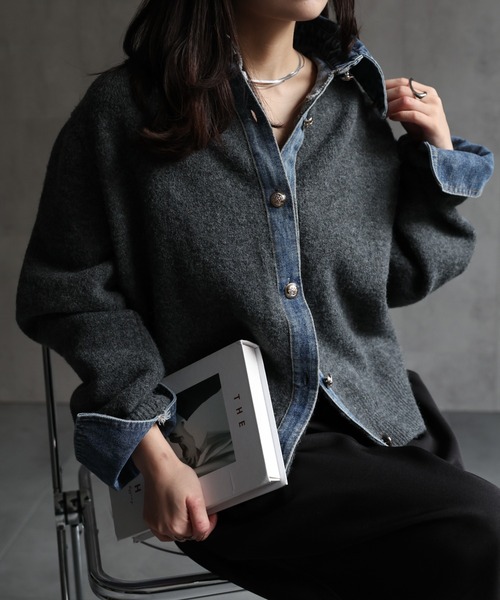 ap retro(アプレトロ)の「デニムドッキングニットカーディガン(カーディガン/ボレロ・レディース・チャコール/グレー/キャメル/ネイビー・FREE)」の7枚目の写真