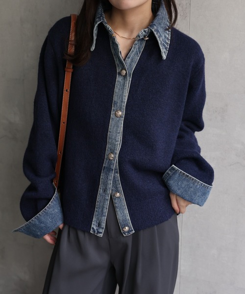 ap retro(アプレトロ)の「デニムドッキングニットカーディガン(カーディガン/ボレロ・レディース・チャコール/グレー/キャメル/ネイビー・FREE)」の13枚目の写真