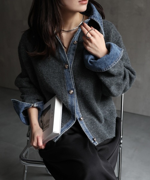 ap retro(アプレトロ)の「デニムドッキングニットカーディガン(カーディガン/ボレロ・レディース・チャコール/グレー/キャメル/ネイビー・FREE)」の6枚目の写真