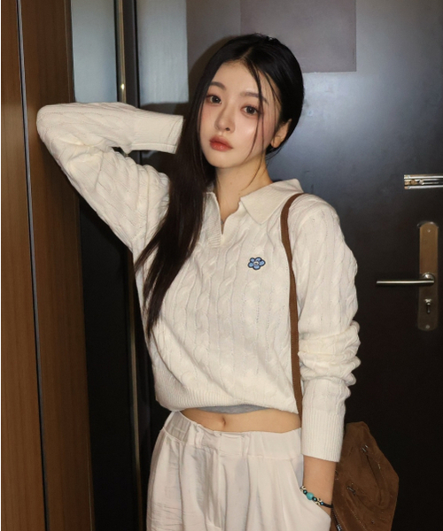 Womens 케이블 오픈카라 풀오버 크림