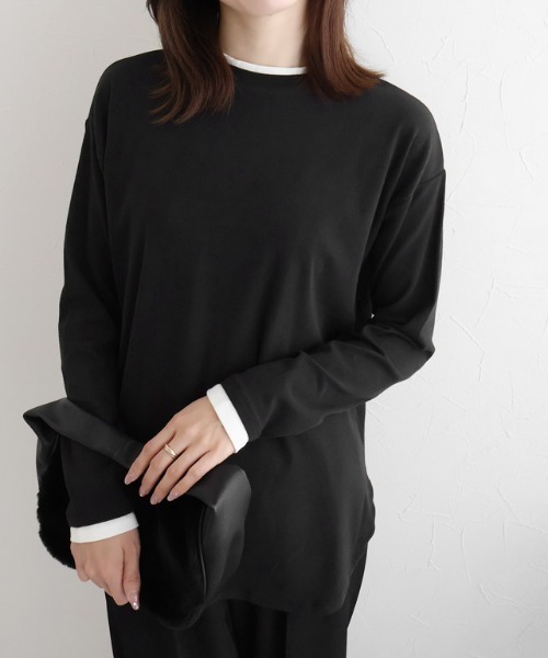 Pierrot(ピエロ)の「裏微起毛レイヤード風カットソー(Tシャツ/カットソー・レディース・ベージュ/杢グレー/ブラック・L/M)」の2枚目の写真