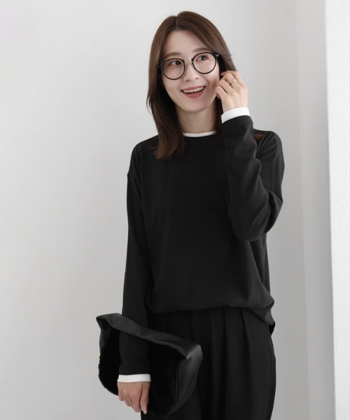 Pierrot(ピエロ)の「裏微起毛レイヤード風カットソー(Tシャツ/カットソー・レディース・ベージュ/杢グレー/ブラック・L/M)」の14枚目の写真