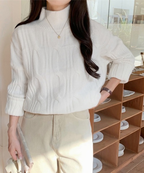 ReRe(リリ)の「ケーブル編みハイネックニットトップス(ニット/セーター・レディース・グレイッシュベージュ/オフホワイト/ベージュ/ブラック・FREE)」の11枚目の写真