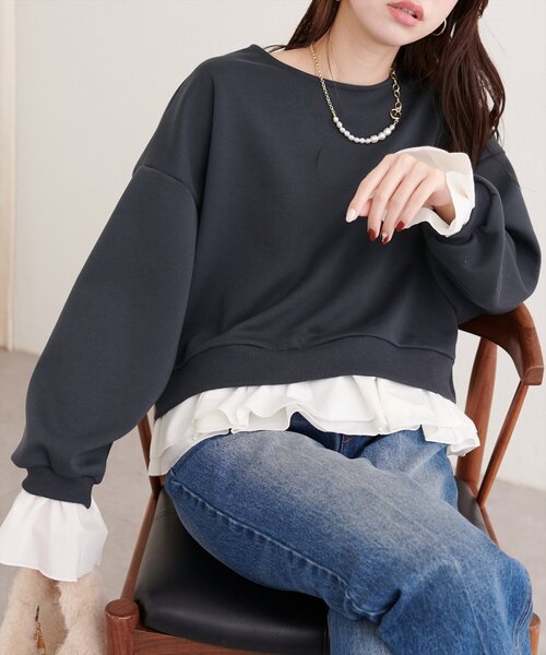 natural couture（ナチュラルクチュール）の「フリルレイヤードプルオーバー（スウェット・レディース・オフホワイト/グレー/チャコールグレー・FREE）」の21枚目の写真