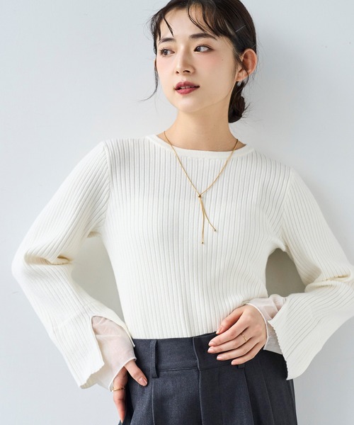 mil(ミル)の「袖口チュールレイヤード リブニット 【585135】(ニット/セーター・レディース・オフホワイト/チャコールグレー/ブラック・XS/S)」の3枚目の写真
