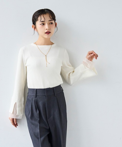 mil(ミル)の「袖口チュールレイヤード リブニット 【585135】(ニット/セーター・レディース・オフホワイト/チャコールグレー/ブラック・XS/S)」の6枚目の写真