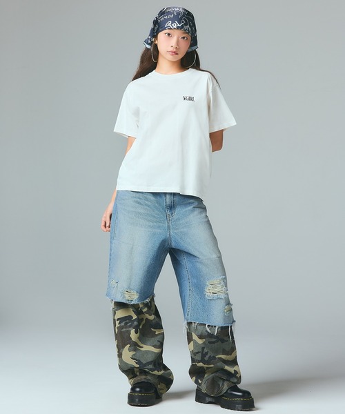 X-girl(エックスガール)の「FADED CAMO LAYERED PANTS(デニムパンツ・レディース・ブラック/ライトインディゴブルー・XS/S/M)」の11枚目の写真