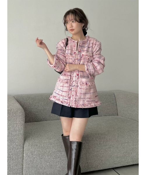 SNIDEL(スナイデル)の「ロングツイードジャケット(ノーカラージャケット・レディース・ホワイト/ピンク・F)」の8枚目の写真