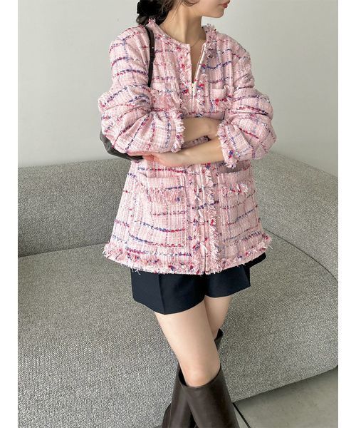 SNIDEL(スナイデル)の「ロングツイードジャケット(ノーカラージャケット・レディース・ホワイト/ピンク・F)」の11枚目の写真