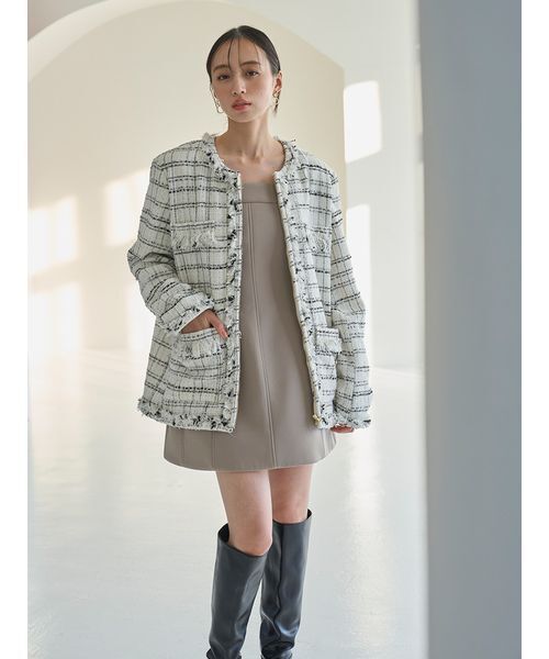 SNIDEL(スナイデル)の「ロングツイードジャケット(ノーカラージャケット・レディース・ホワイト/ピンク・F)」の14枚目の写真