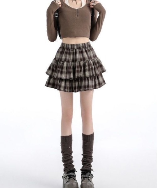 gossip!ロサンゼルス(ゴシップロサンゼルス)の「【3色展開サイズあり秋冬新作】チェックツイードゴムウエストティアードミニスカート【韓国ファッションガー】(スカート・レディース・レッド/ブラウン/ブラック・M/L)」の12枚目の写真