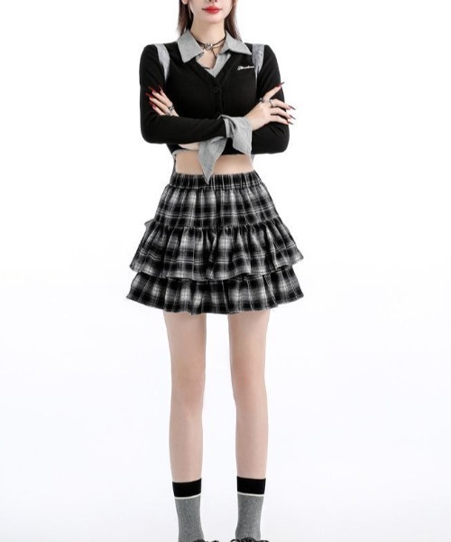 gossip!ロサンゼルス(ゴシップロサンゼルス)の「【3色展開サイズあり秋冬新作】チェックツイードゴムウエストティアードミニスカート【韓国ファッションガー】(スカート・レディース・レッド/ブラウン/ブラック・M/L)」の21枚目の写真