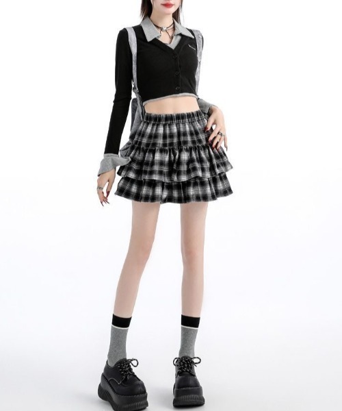 gossip!ロサンゼルス(ゴシップロサンゼルス)の「【3色展開サイズあり秋冬新作】チェックツイードゴムウエストティアードミニスカート【韓国ファッションガー】(スカート・レディース・レッド/ブラウン/ブラック・M/L)」の22枚目の写真