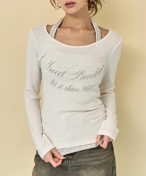 ANAP(アナップ)の「ホルターネックドッキングプリントトップス(Tシャツ/カットソー・レディース・グレー/ホワイト/ブラック・F)」の1枚目の写真