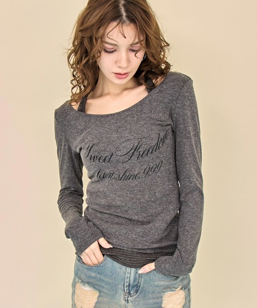 ANAP(アナップ)の「ホルターネックドッキングプリントトップス(Tシャツ/カットソー・レディース・グレー/ホワイト/ブラック・F)」の2枚目の写真